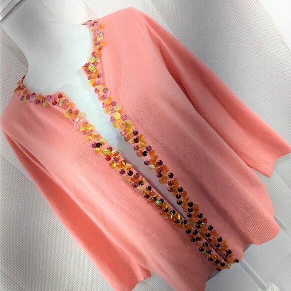 NWOT! RQT! BRIGHT CORAL/SALMON W/IRIDESCENT SEQUIN DETAIL CARDI SWEATER! SZ XL - Picture 8 of 8